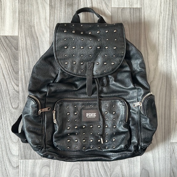 PINK Victoria's Secret Bags Vintage Vs Pink Black Studded Faux Leather Backpack Poshmark
